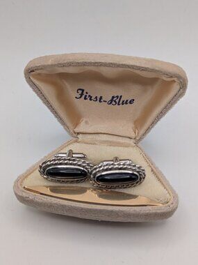 First-Blue Silver Black Oval Cufflink Set